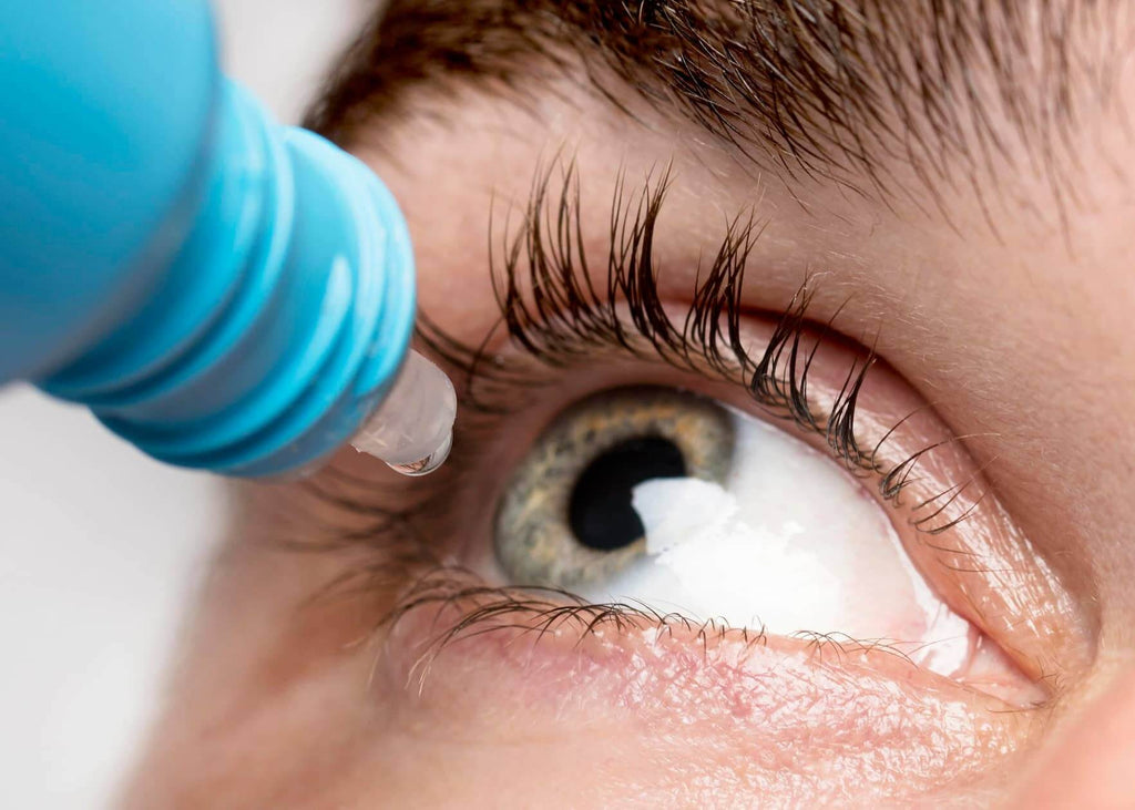The use of eye drops to keep eyes lubricated and prevent dry eyes. Dry eyes due to not blinking for a prolonged time. 