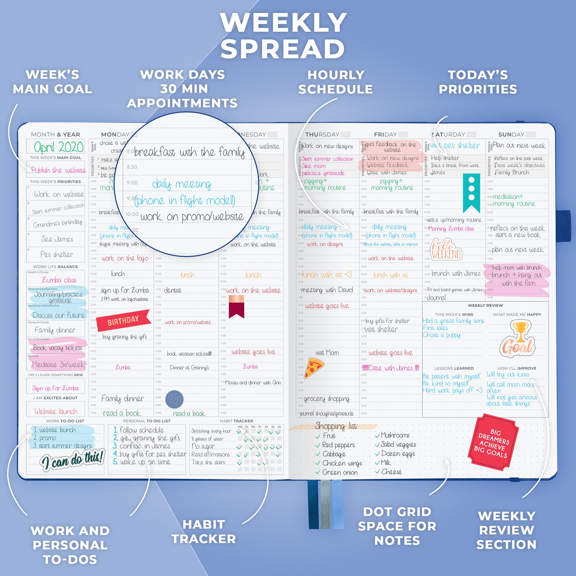 Weekly planner with time blocking