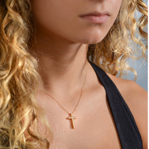 14K Yellow Gold Cross Round Cut Stones