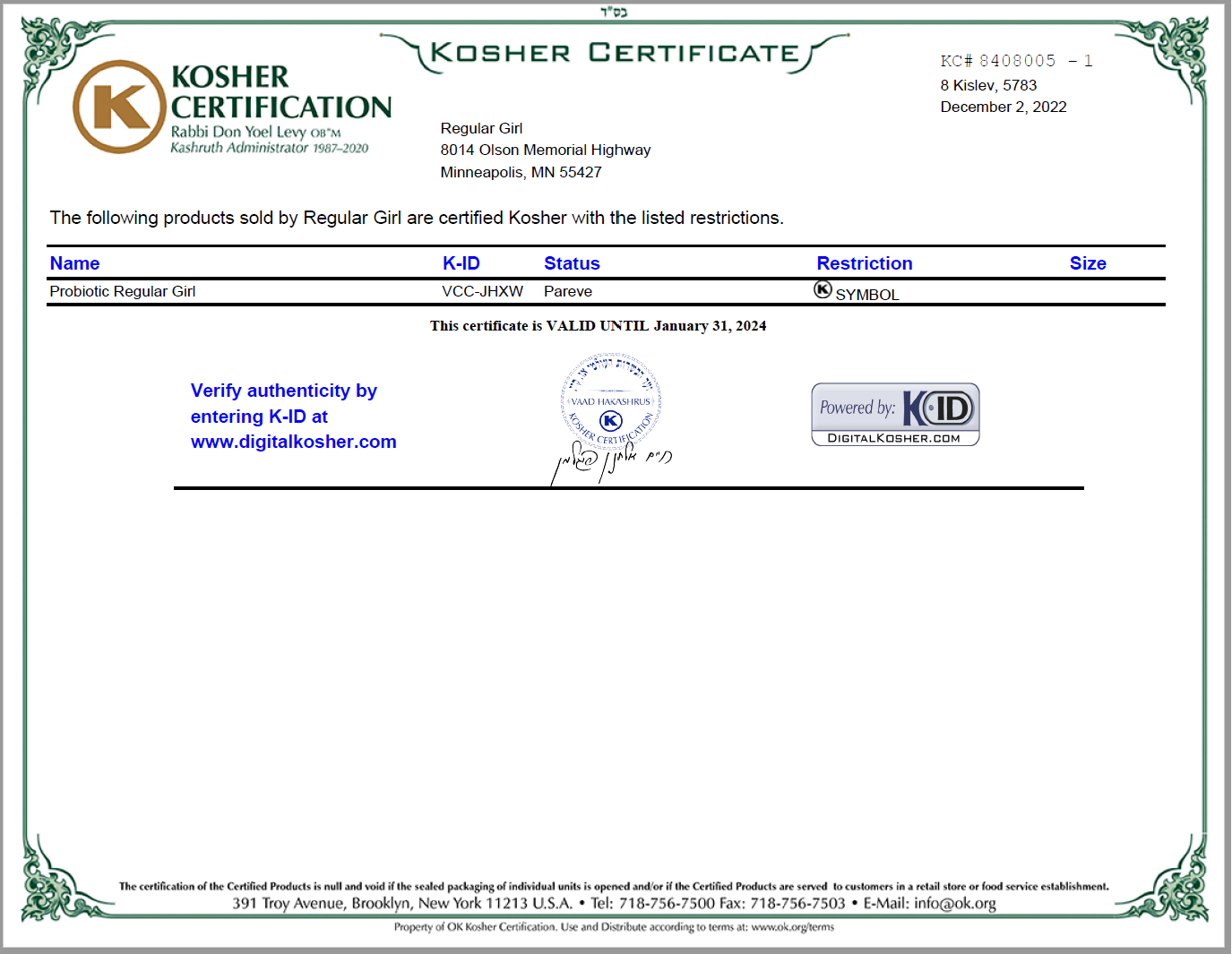 Kosher Certificate