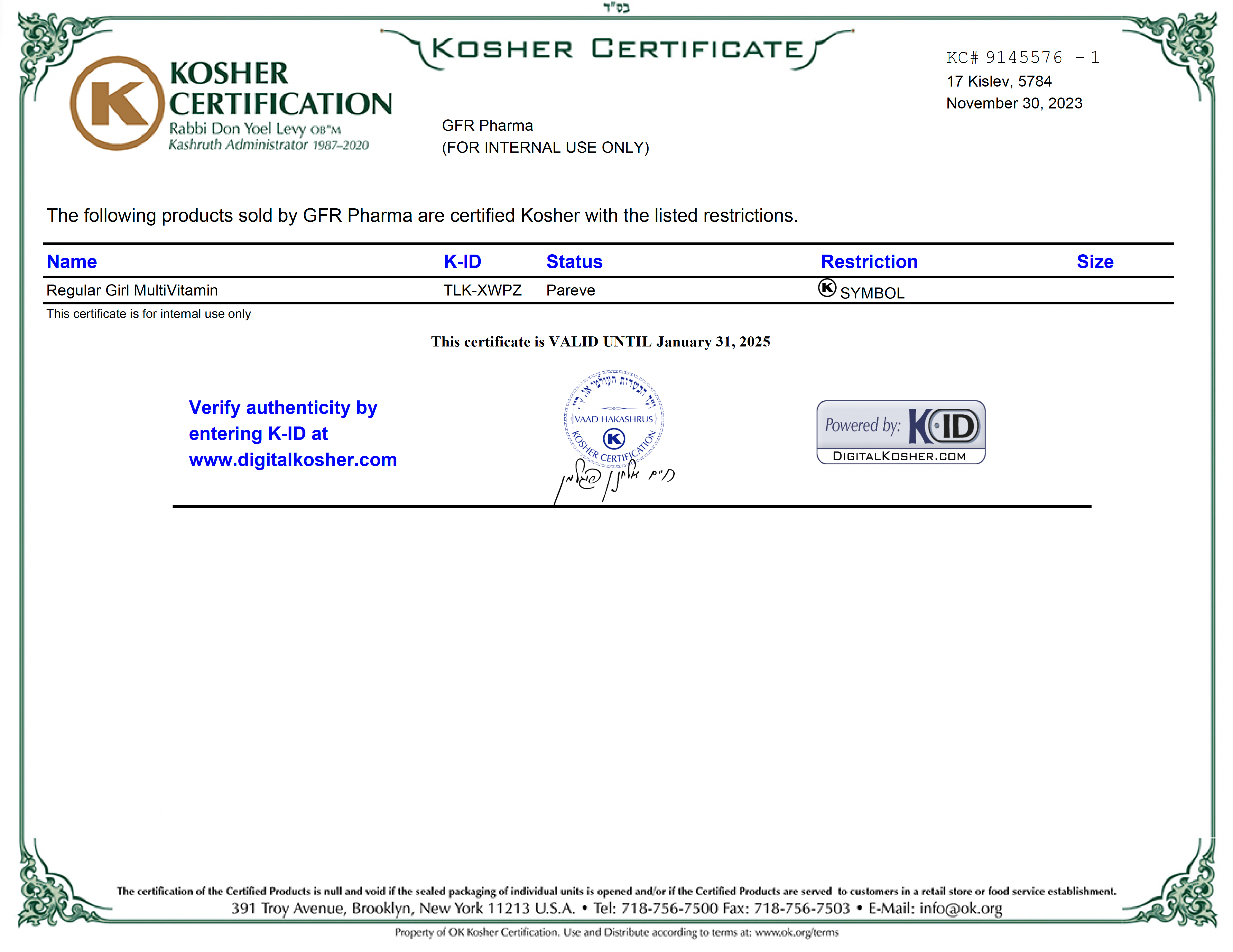 Kosher Certificate for Regular Girl Multivitamin