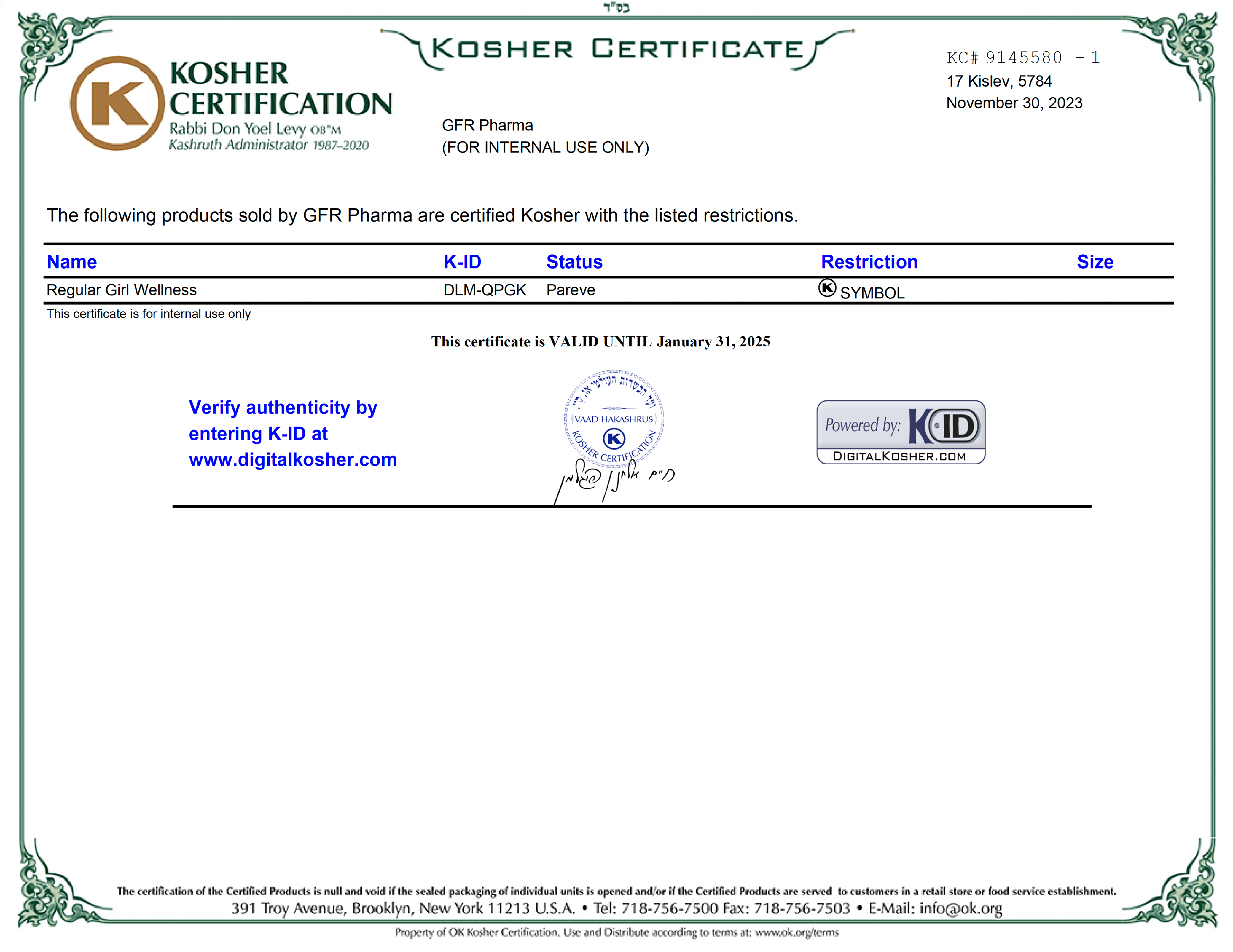 Kosher Certificate for Regular Girl Wellness