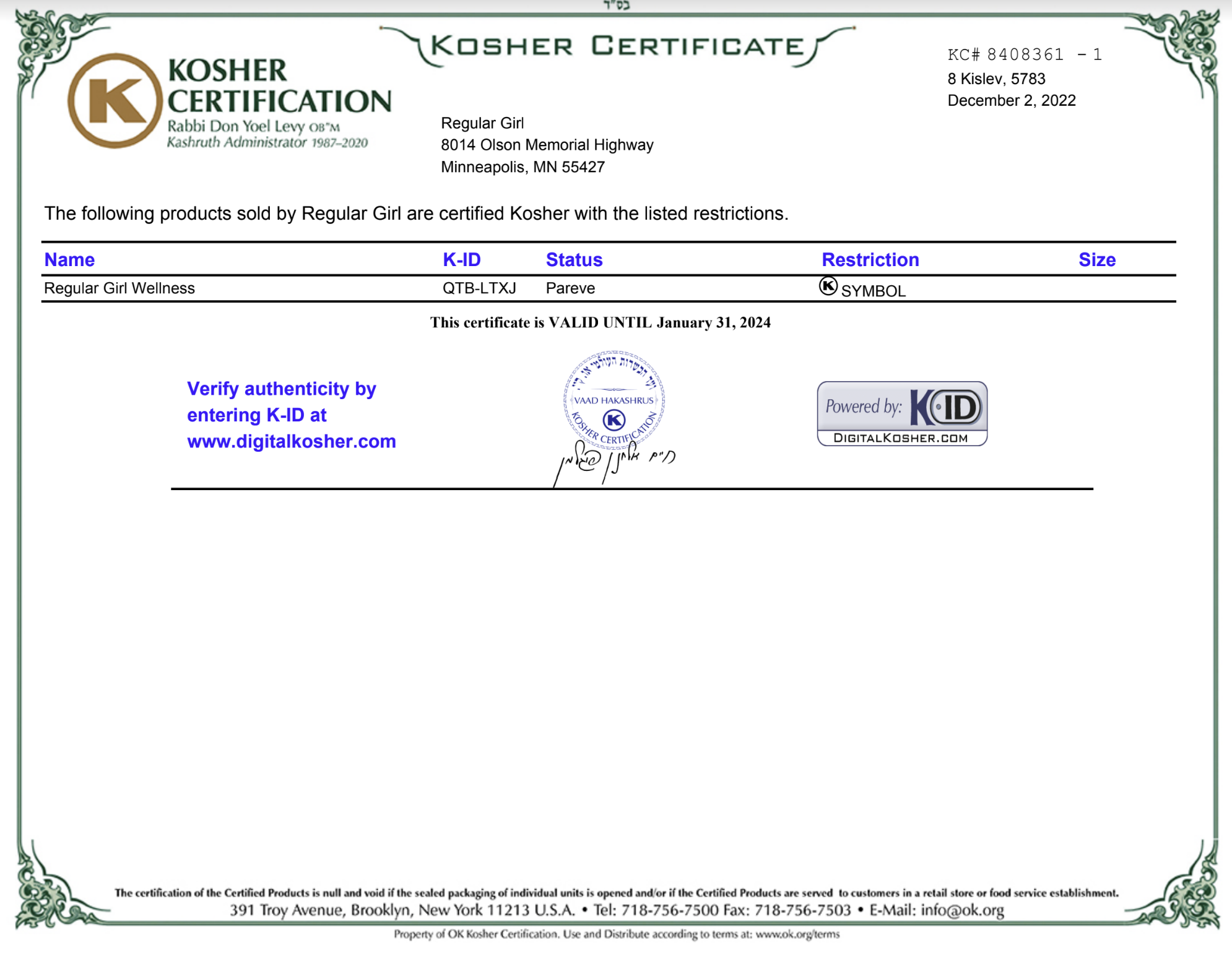 Kosher Certificate