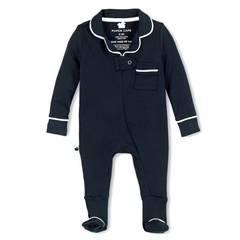 Pima Cotton Classic Pajama Footie in navy blue with white piping