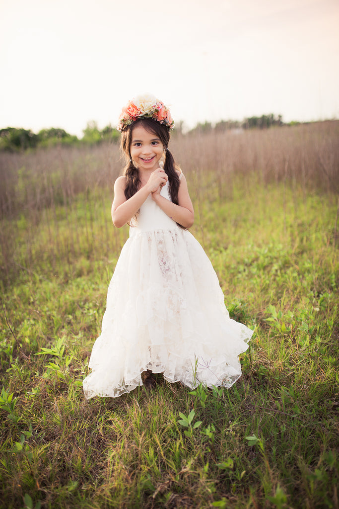 rustic boho white flower girl junior bridesmaid high low maxi dress