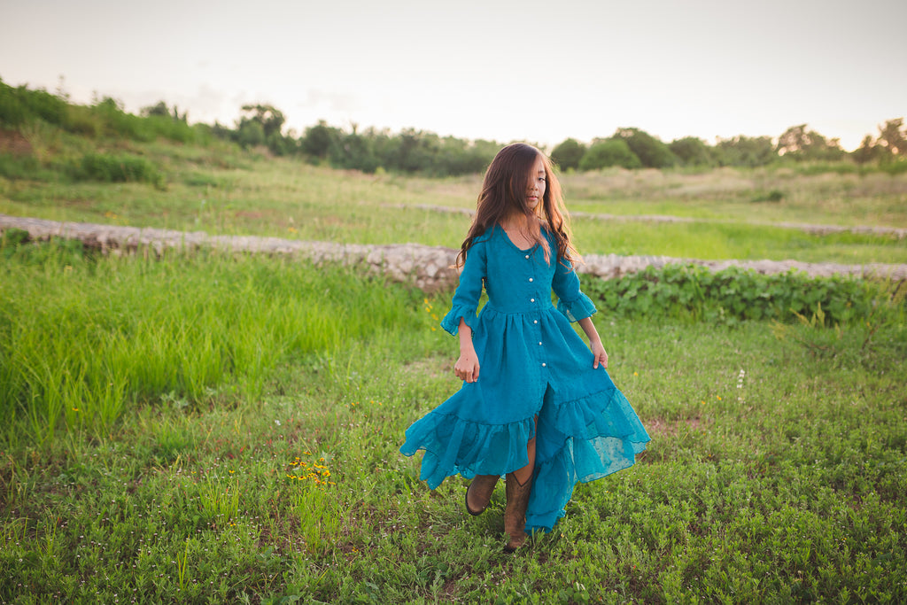 boho peacock blue high low flower girl junior bridesmaid dress