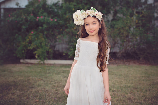 bohemian lace white flower girl first communion dress