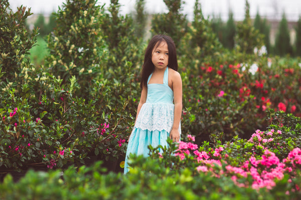 bohemian baby blue flower girl linen maxi dress