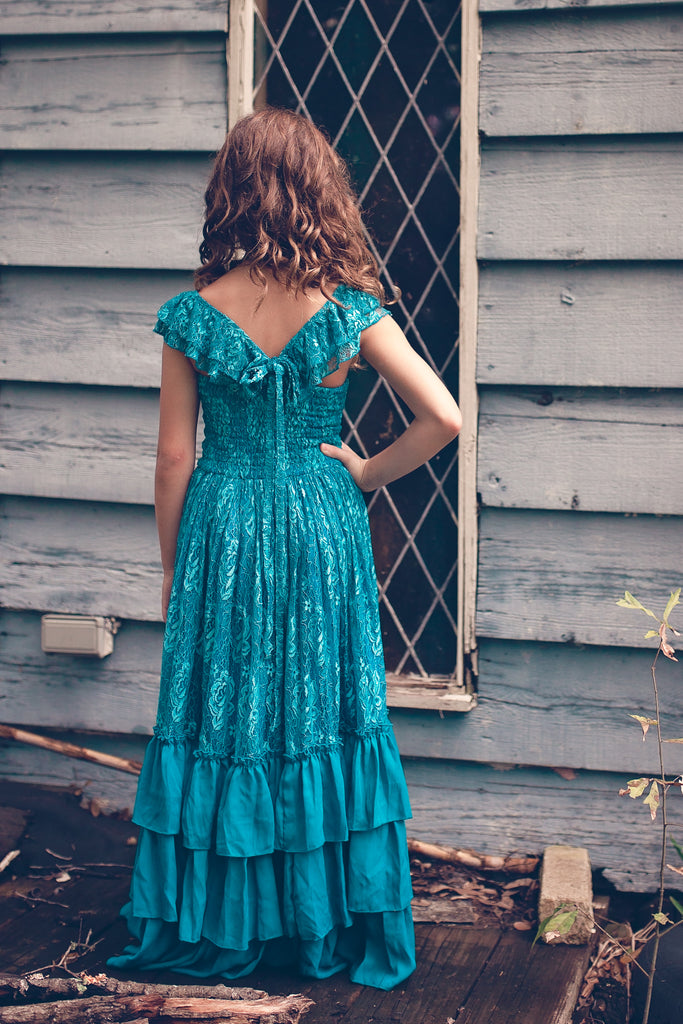 beach boho peacock blue junior bridesmaid maxi dress rustic lace flower girl dresses