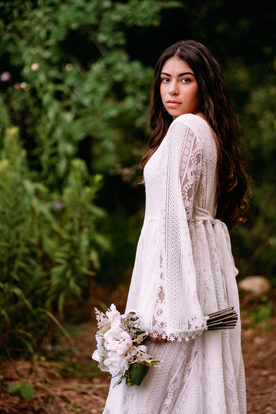 boho wedding dress with bell sleeves