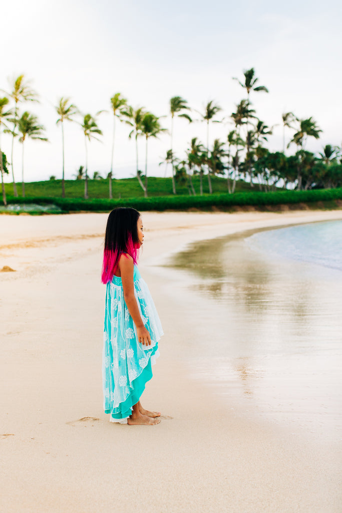 bohemian turquoise junior bridesmaid tween dress boho beach high low flower girl dress