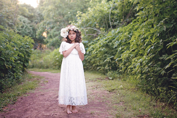 off shoulder white lace boho maxi dress flower girl dress first communion dress