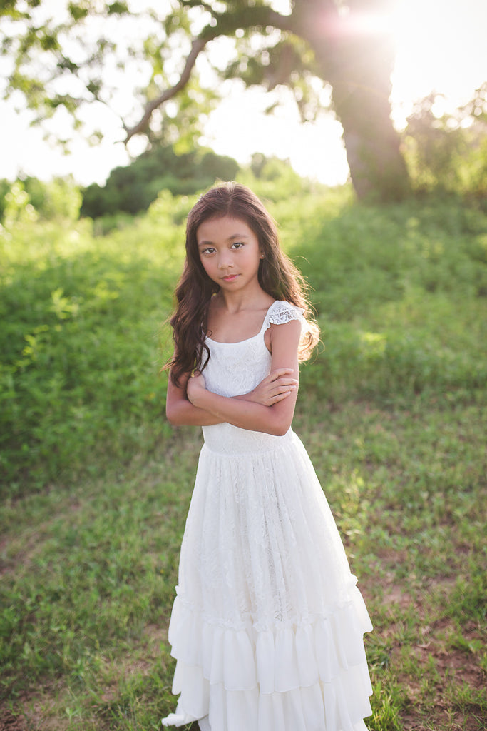 boho rustic white ruffle flower girl lace dresses Christmas holiday maxi dresses