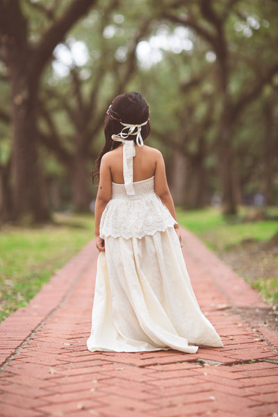 ivory bohemian flower girl linen maxi dress