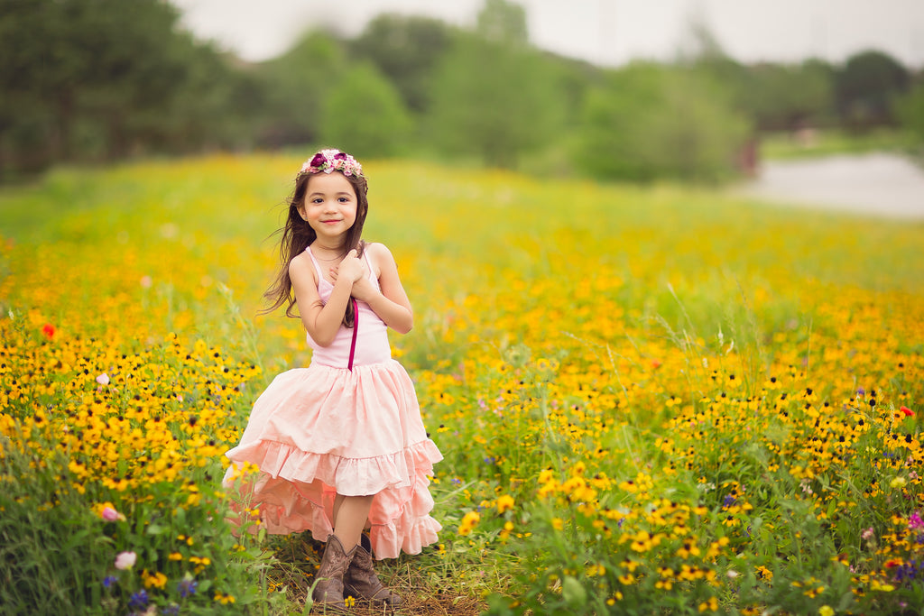 blush pink rustic bohemian high low flower girl dress wildflower child photoshoot