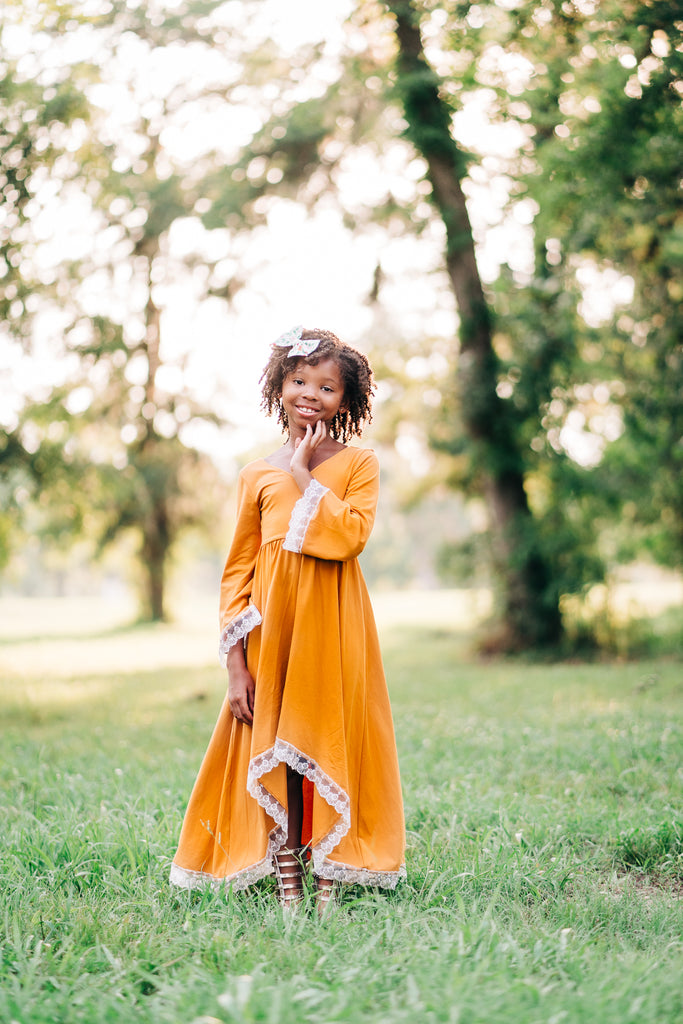 boho rustic mustard yellow flower girl dress