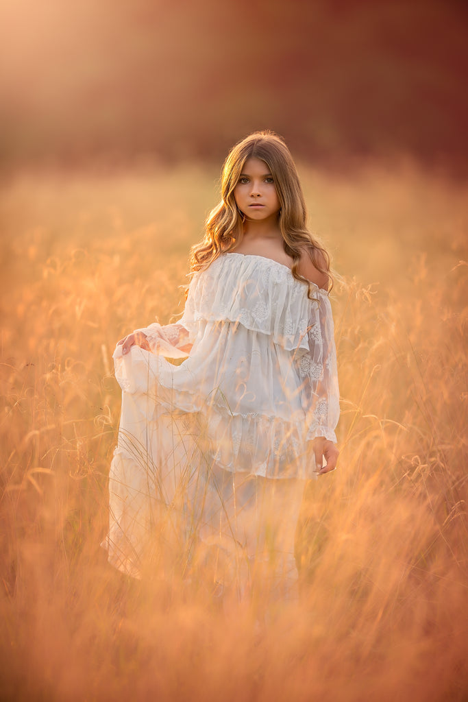 bohemian rustic off shoulder flower girl white maxi dresses