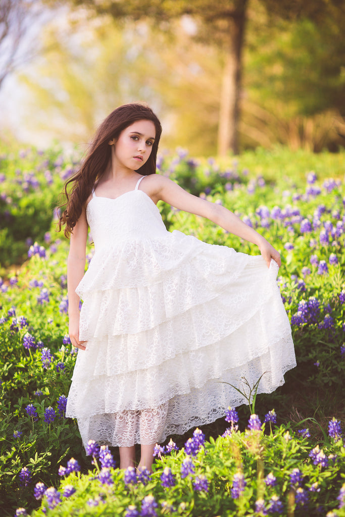 boho lace flower girl dress Texas bluebonnet photo ideas