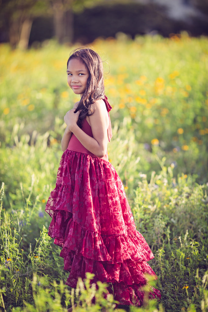 burgundy boho high low flower girl junior bridesmaid maxi dress