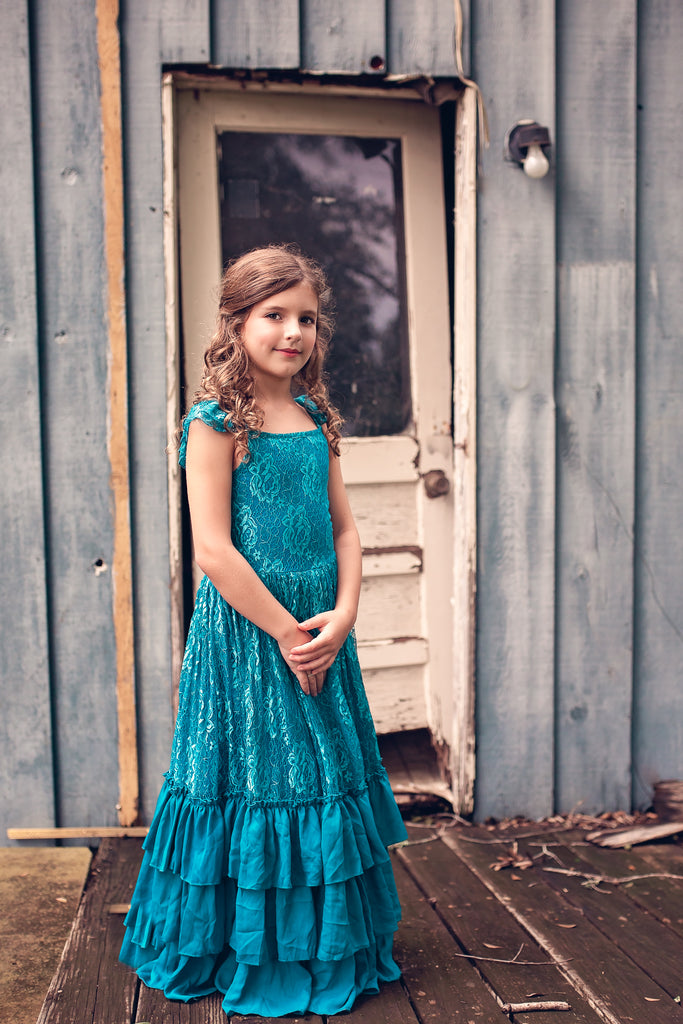 peacock-blue rustic boho junior bridesmaid maxi dress beach flower girl lace ruffle dress