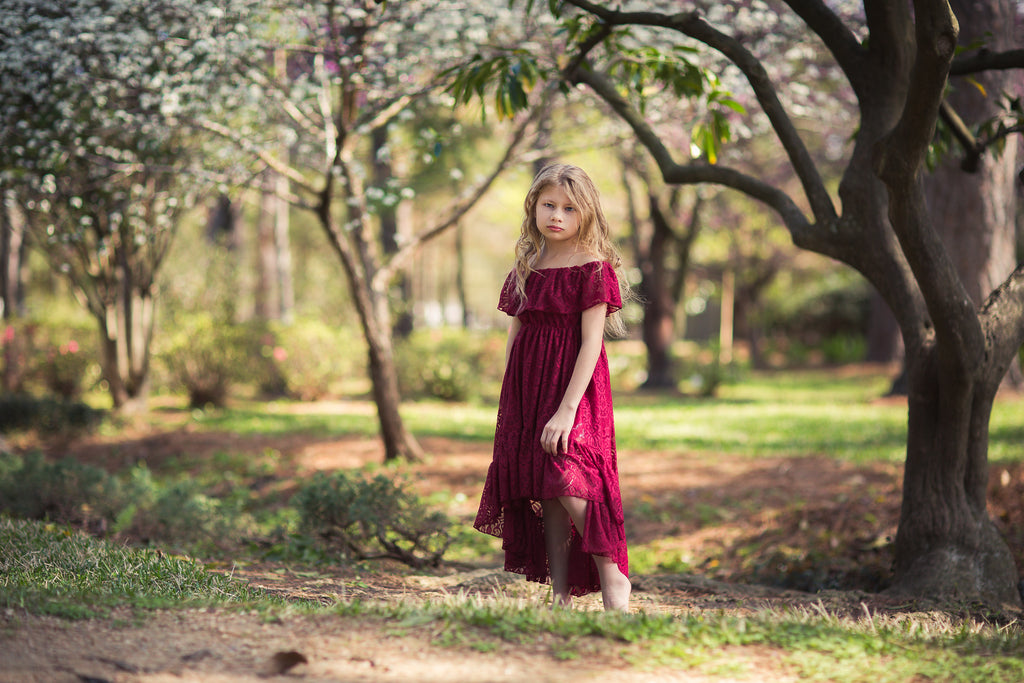 tween girl bohemian burgundy lace off shoulder high low dress