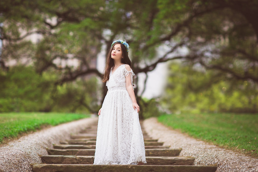 tween boho lace maxi dress bohemian white flower girl cold shoulder dress