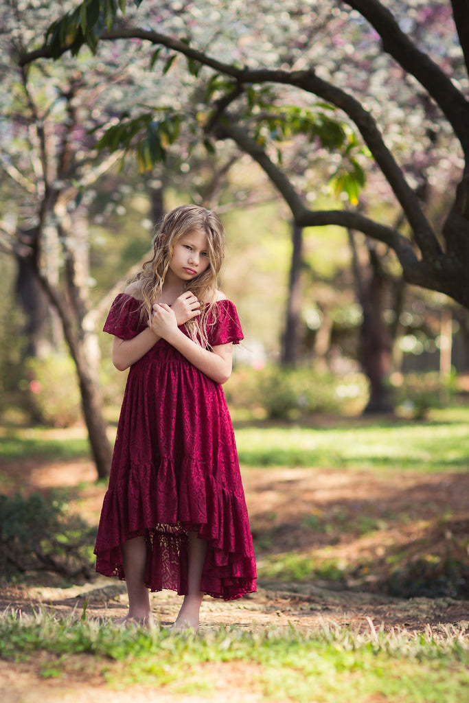 tween girl boho burgundy off shoulder lace high low dress