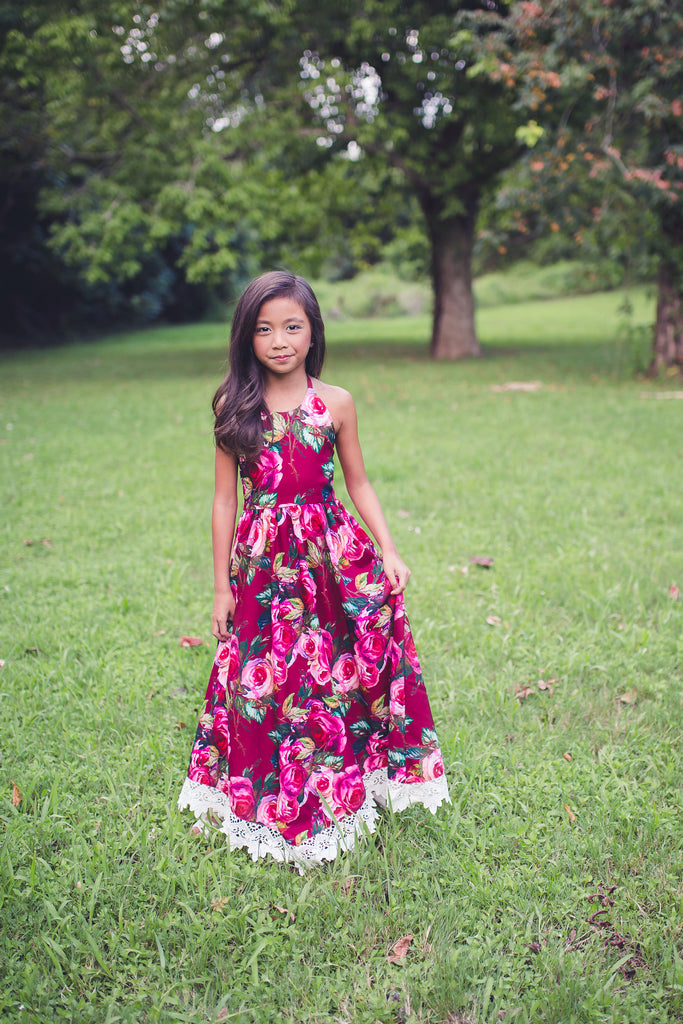 tween burgundy boho floral rose maxi dress