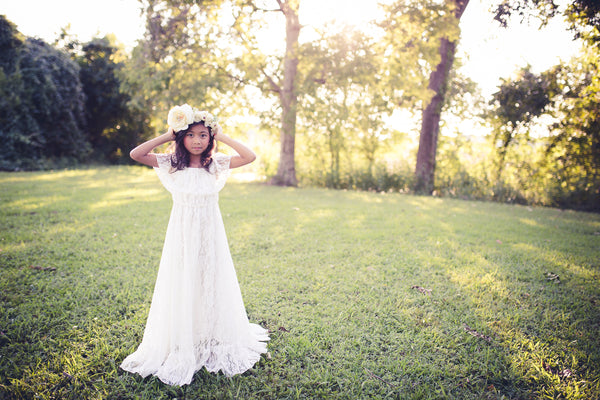 bohemian lace white flower girl dress