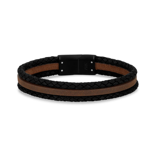 Bracelet en cuir noir et brun à trois rangs