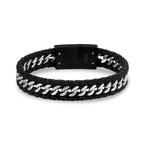 Black Leather Cuban Link Bracelet