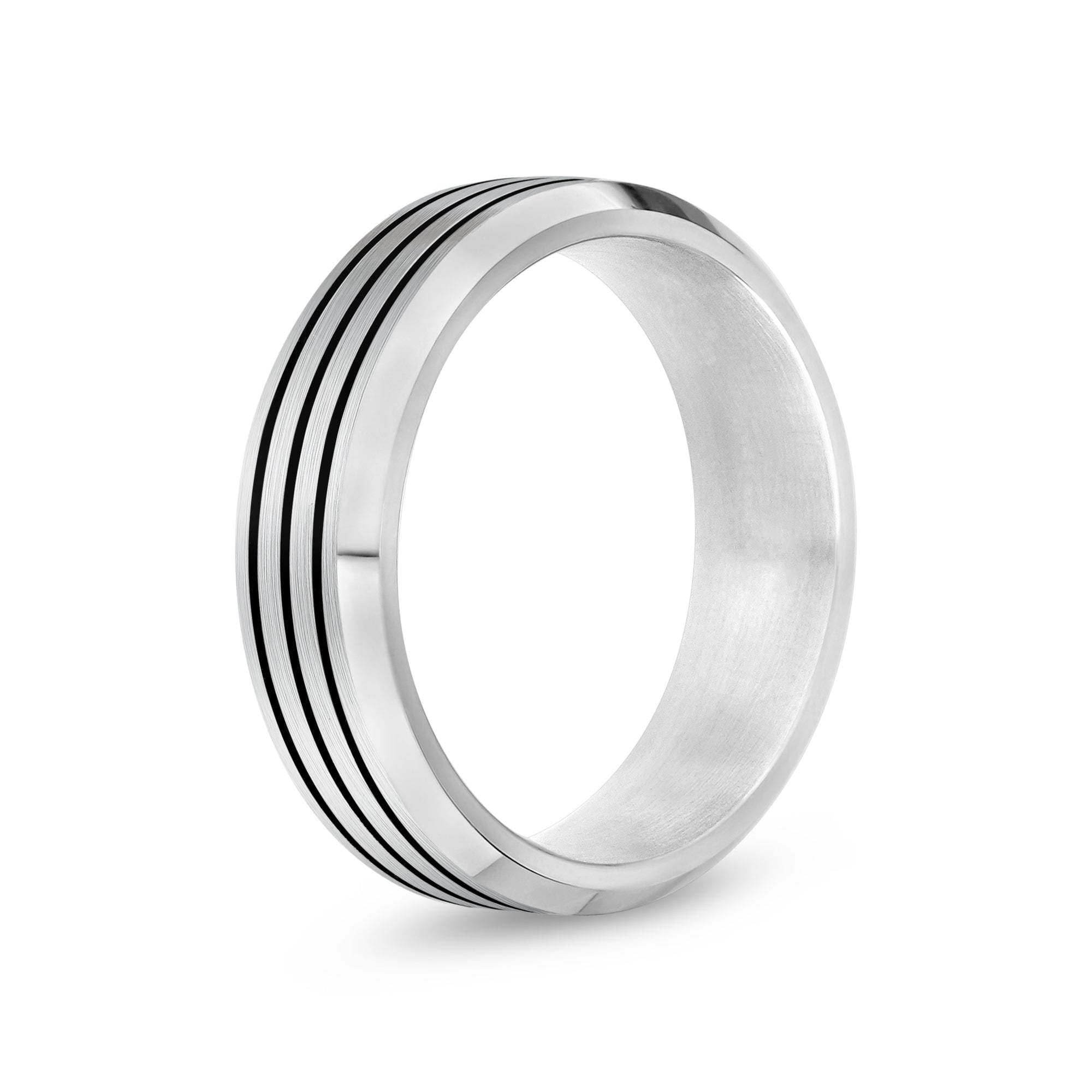 Classic Black Stainless Steel Flat Band Ring with Beveled Edges. -  925Express