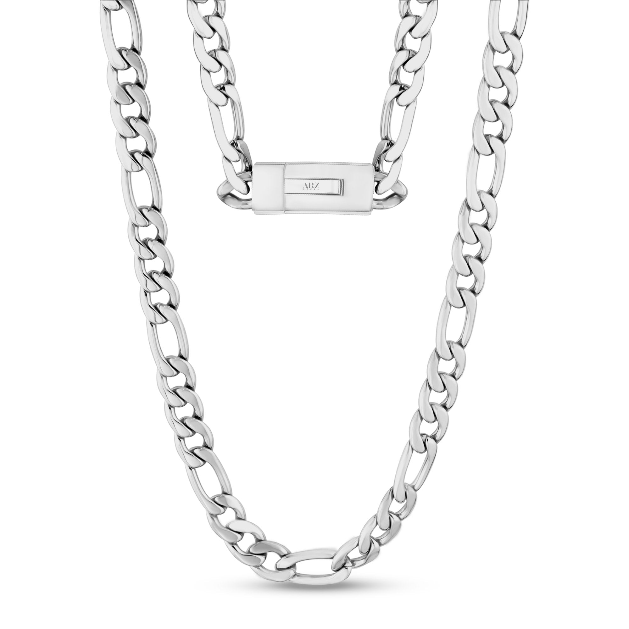 Men's Polished Figaro Chain Stainless Steel Necklace (8mm) - 24