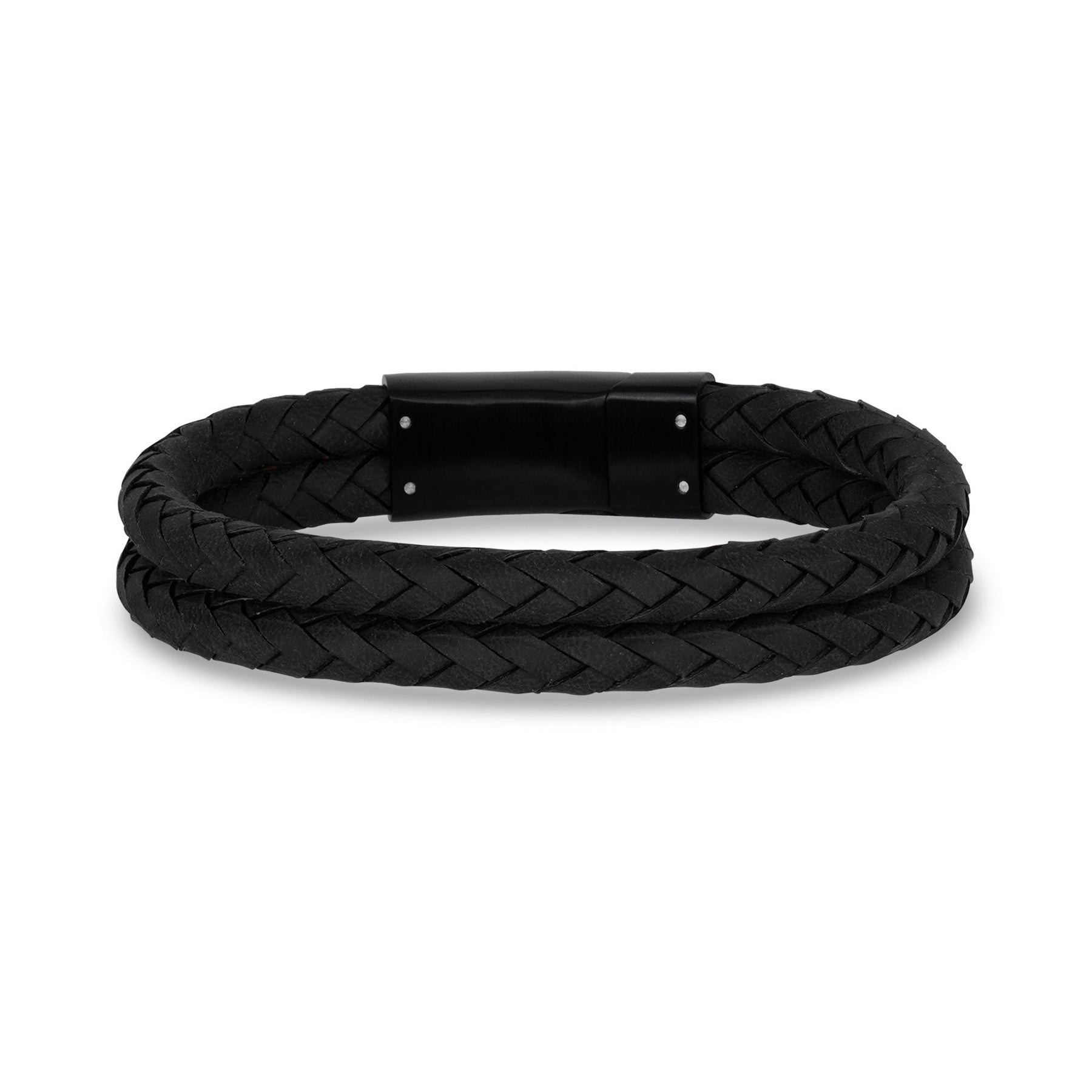 Double Row Black Brown Leather Black Matte Clasp Engravable Bracelet