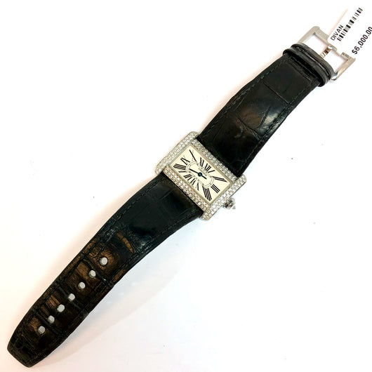 CARTIER DIVAN Steel Ladies Watch Diamond Crown CARTIER Black Leather ...