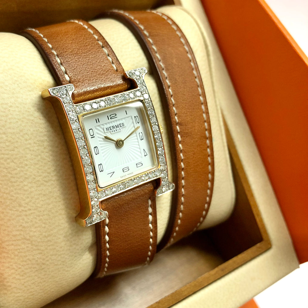 HERMÈS HEURE H Two Tone Watch 0.91TCW DIAMONDS Hermès Double Tour Brown ...