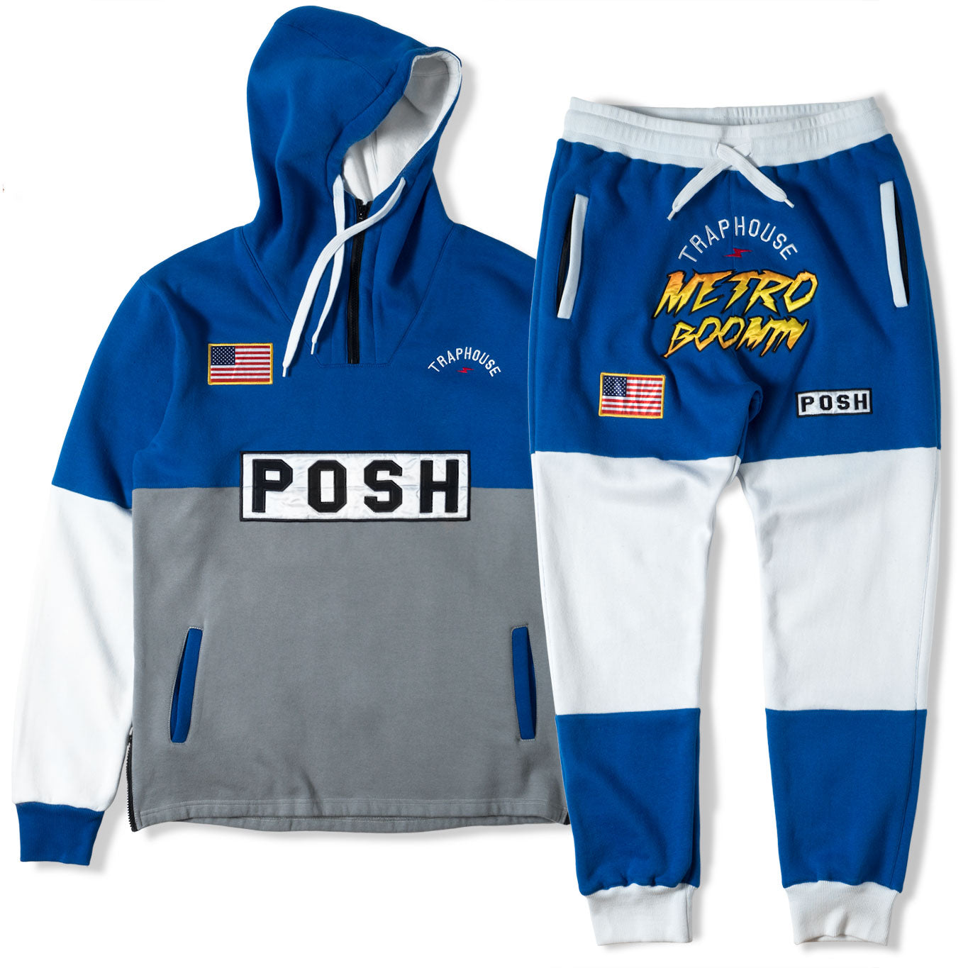 blue and white jogging suit