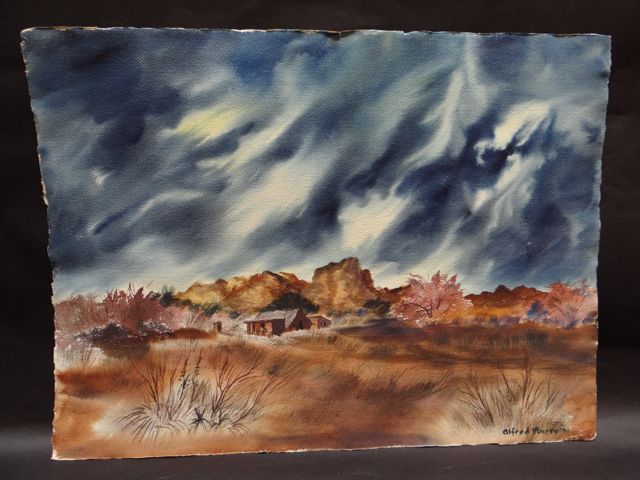 Alfred C. Ybarra (1905 – 2001) Double-sided Watercolor dated 1951 Stormy Desert Skies: Two Views P660
