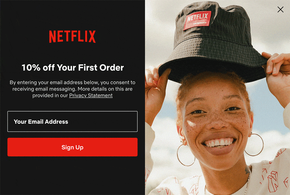 Netflix.shop Welcome Popup Multi-Step Klaviyo Form for Email and SMS subscription