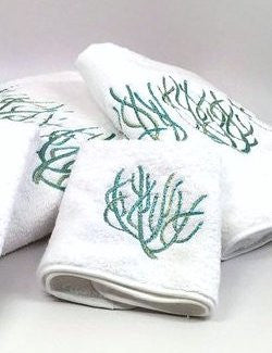 Bath, Hand Face Towels. White with Lovely Embroidered design Nautical Fish