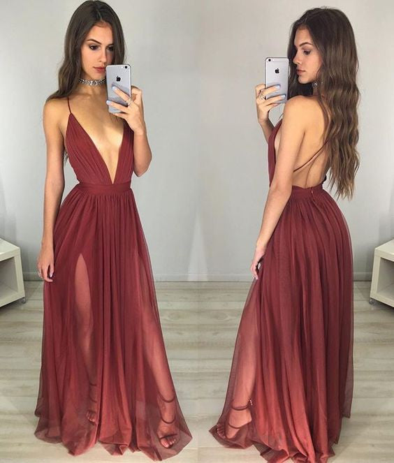 burgundy v neck prom dress