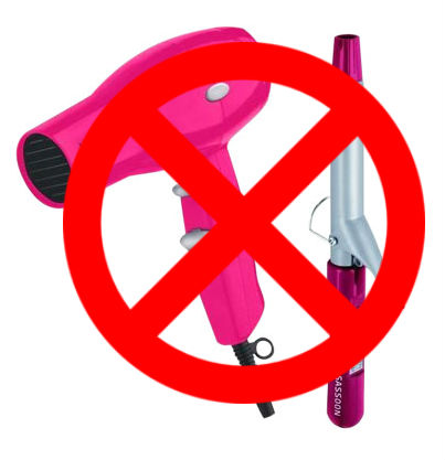 An image with a red cross and a circle around the cross with a pink hairdryer and curling iron underneath