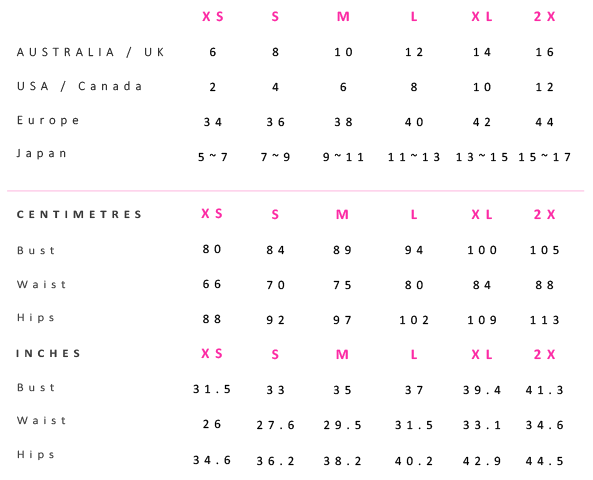 ROVE Sizing Country Conversion and Measurement Chart