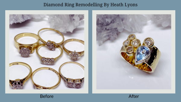 A collection of old worn diamond rings on the left side followed by a remodelled diamond ring on the right side |Heath Lyons Jewellers