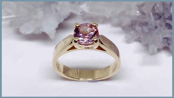 A morganite solitaire engagement ring in yellow gold handmade by Heath Lyons | Bendigo