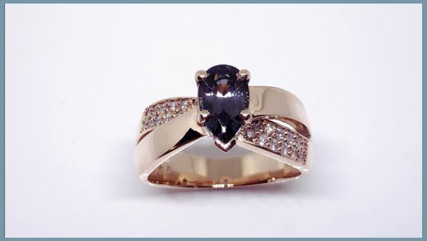 A grey spinel and diamond ring in rose gold, handmade by Heath Lyons | Bendigo
