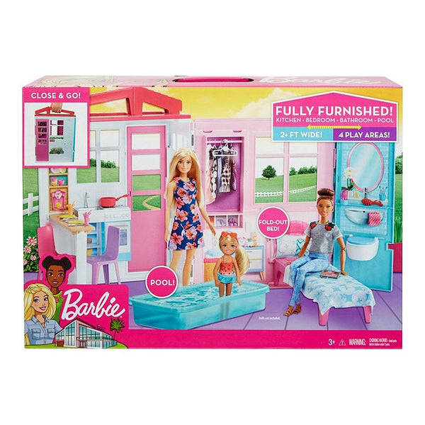 complete barbie house set with 3 dolls