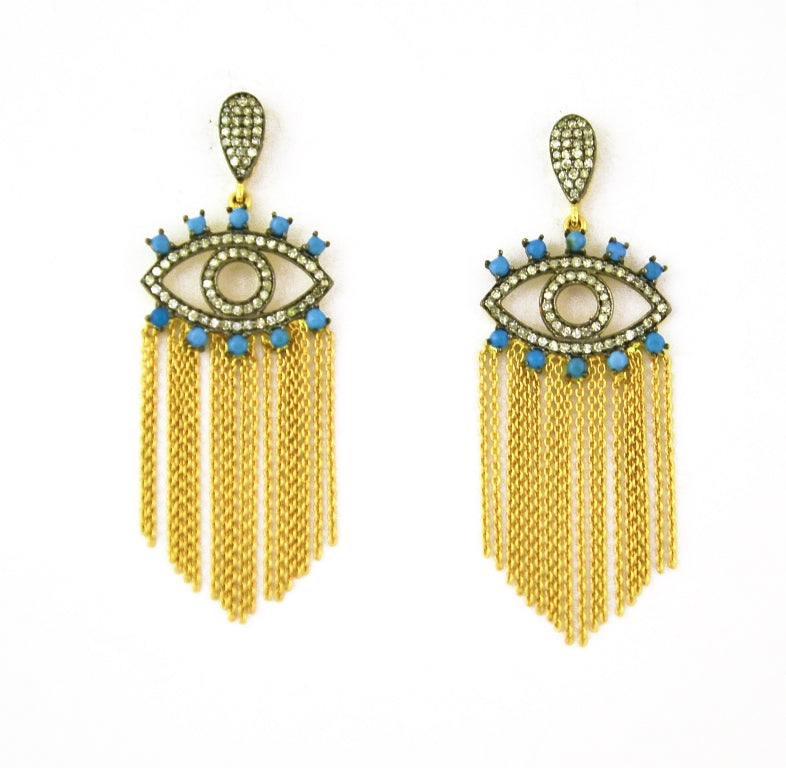PINAR HAKIM SMALL EVIL EYE TURQUOISE AND DIAMOND FRINGED EARRINGS