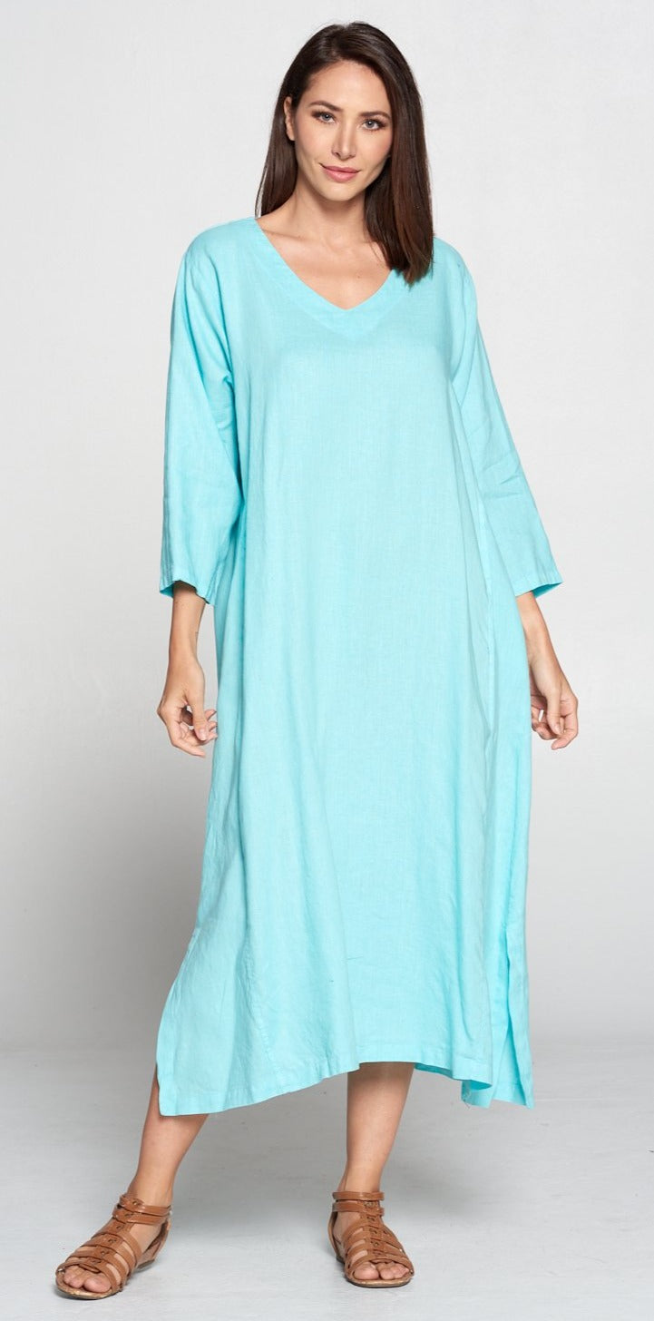 La Fixsun Linen Vneck 3/4 sleeve Long A-line Dress - grapefruit ...