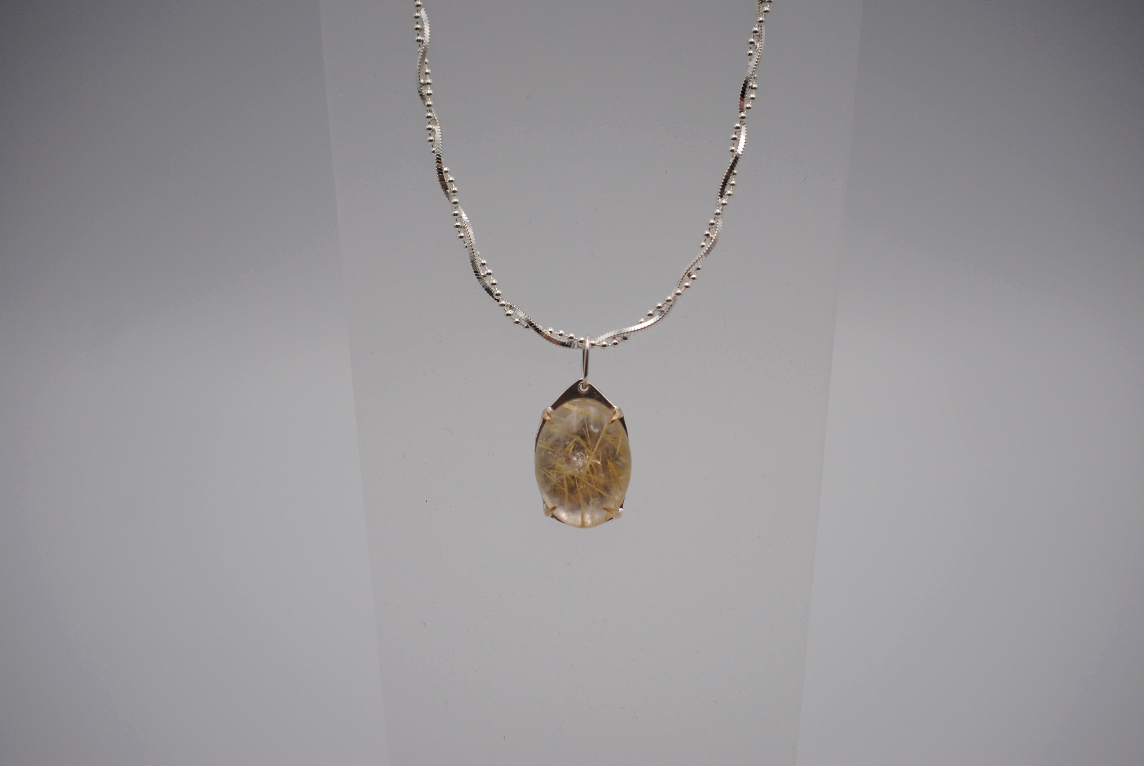 Oval Golden Rutilated Quartz with 14K Yellow Gold Prongs Pendant Necklace on Twisted Snake Box and Ball Chain